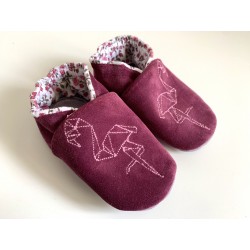 Chaussons en cuir souple - prune - flamand rose origami